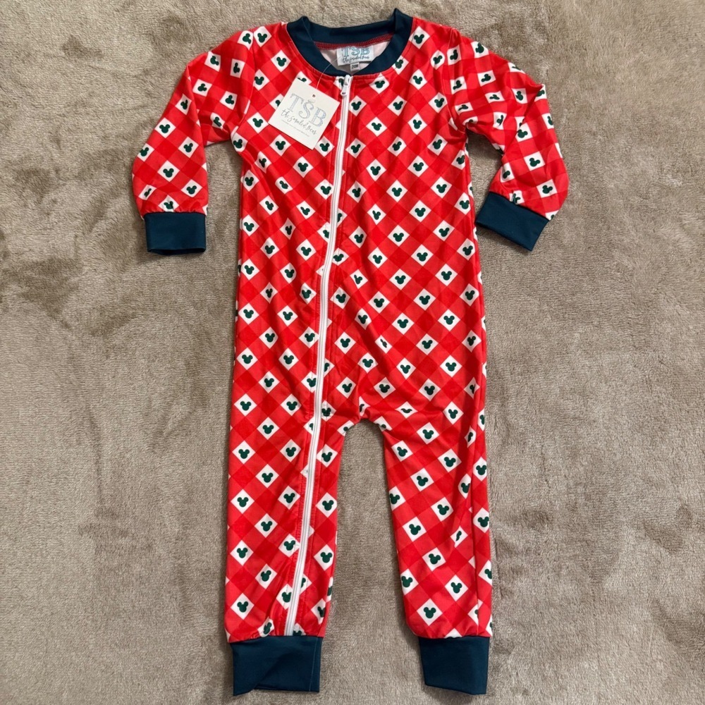 The Smocked Bear Merry Christmas Mouse Gingham Zipper Sleeper Red Navy 24M NWT